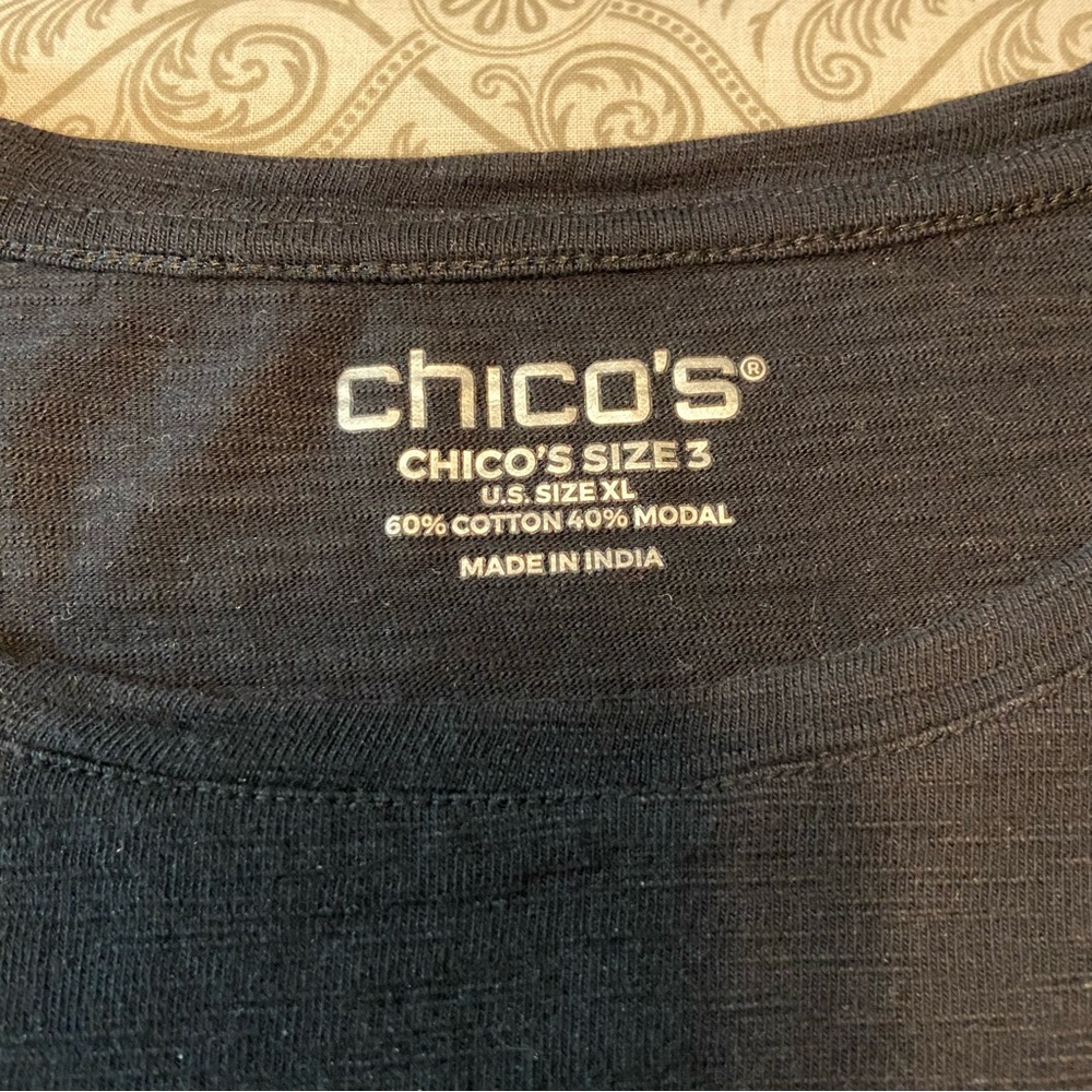 Chico's Size 3 Cotton Modal Black Long 3/4 Sleeve Top Shirt Blouse - Picture 8 of 8